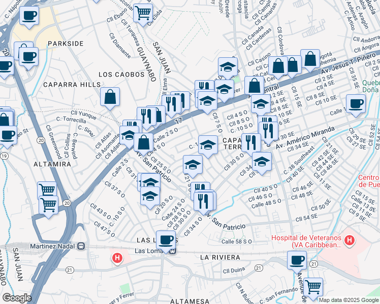 map of restaurants, bars, coffee shops, grocery stores, and more near 1555-1593 Calle 10 S O in San Juan