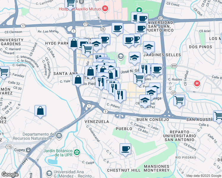 map of restaurants, bars, coffee shops, grocery stores, and more near 45 Paseo de Diego in San Juan