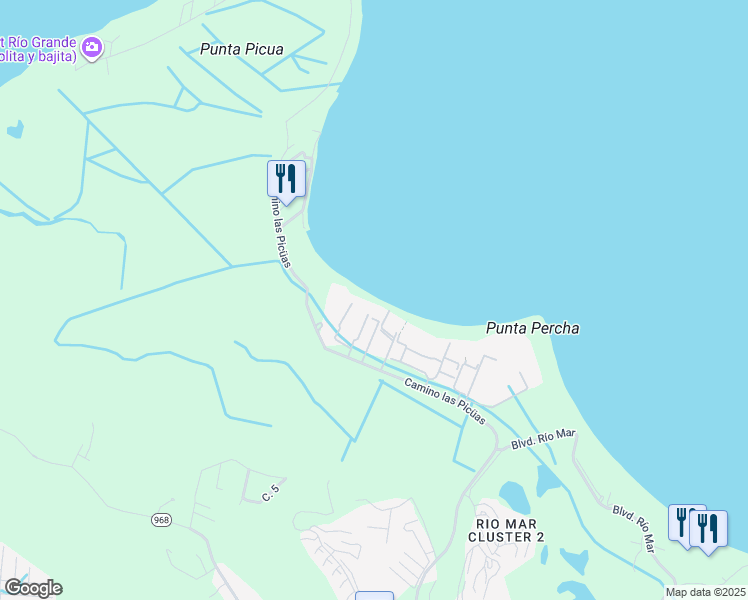 map of restaurants, bars, coffee shops, grocery stores, and more near Camino las Picüas in Río Grande