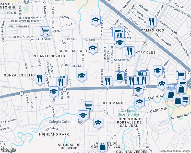 map of restaurants, bars, coffee shops, grocery stores, and more near Calle 3 in San Juan