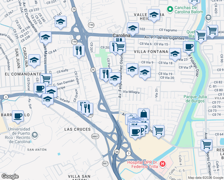 map of restaurants, bars, coffee shops, grocery stores, and more near Calle Parque Napoleon in Carolina