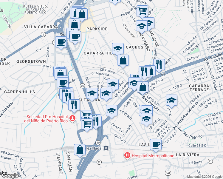 map of restaurants, bars, coffee shops, grocery stores, and more near Calle Olimpic in San Juan