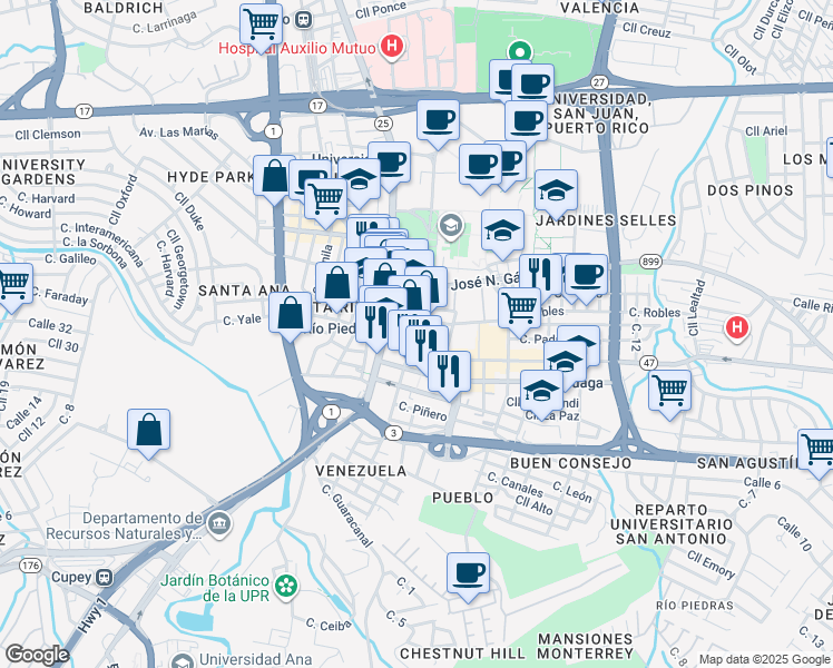 map of restaurants, bars, coffee shops, grocery stores, and more near 45 Paseo de Diego in San Juan