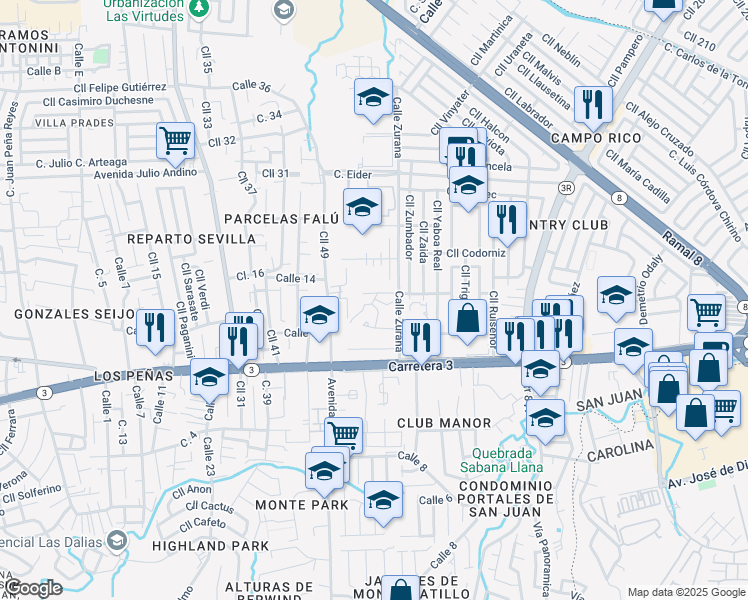 map of restaurants, bars, coffee shops, grocery stores, and more near Calle 3 in San Juan