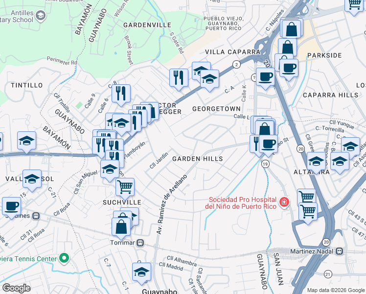 map of restaurants, bars, coffee shops, grocery stores, and more near Cll Green Valley in Guaynabo