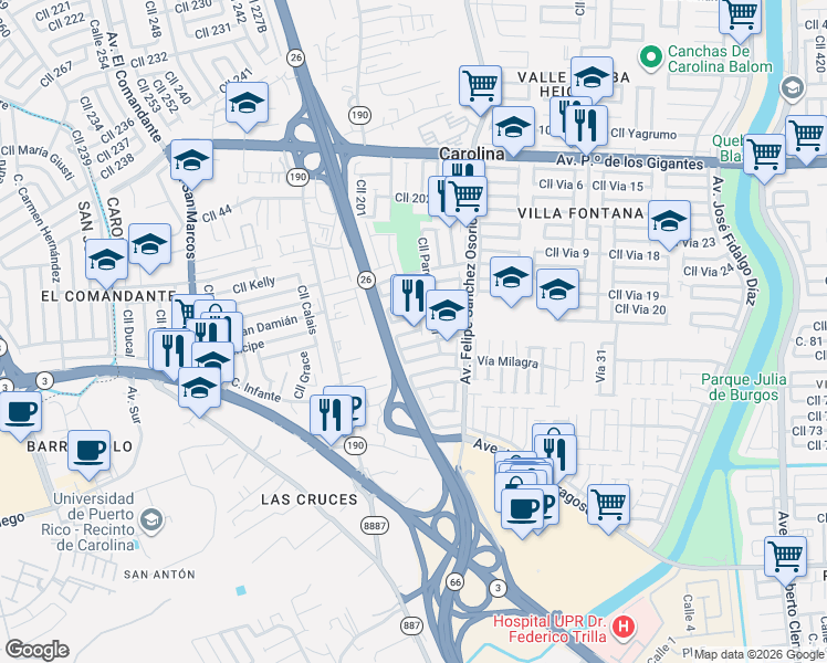 map of restaurants, bars, coffee shops, grocery stores, and more near Calle Parque Napoleon in Carolina