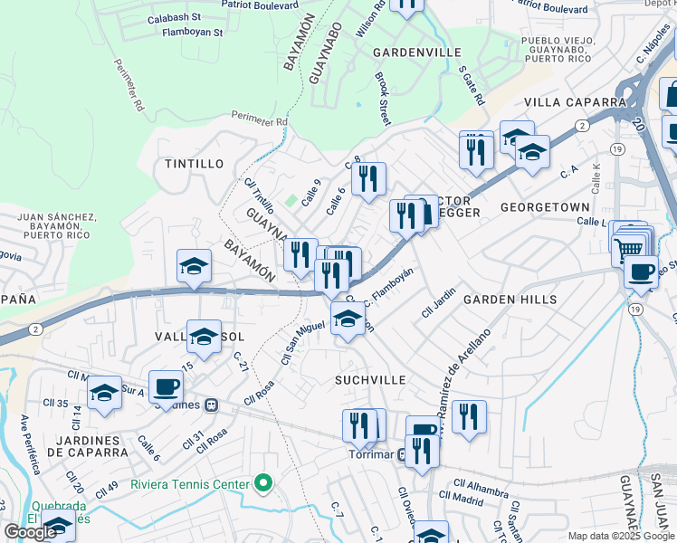 map of restaurants, bars, coffee shops, grocery stores, and more near 13 Calle Los Robles in Guaynabo