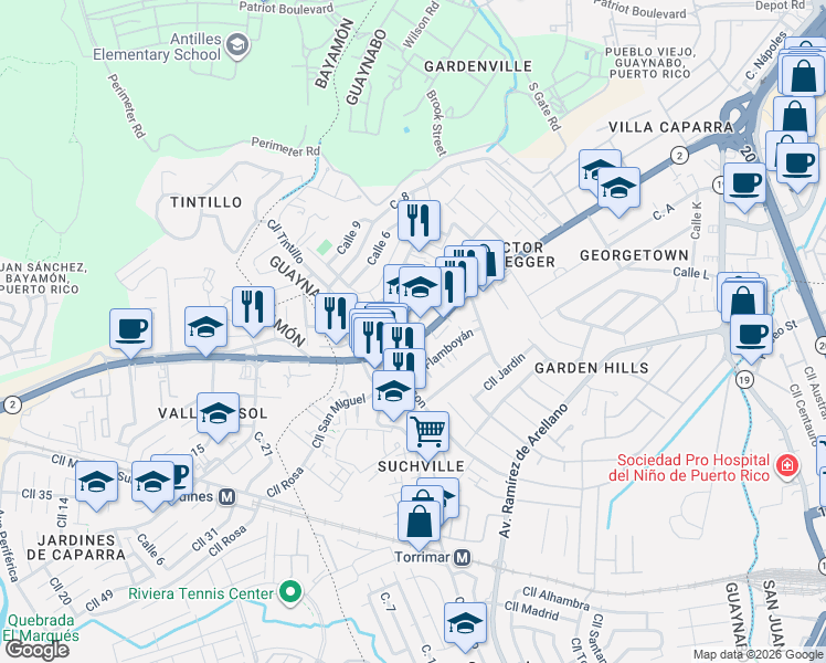map of restaurants, bars, coffee shops, grocery stores, and more near 13 Calle Los Robles in Guaynabo