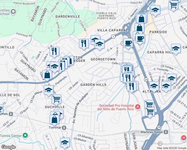 map of restaurants, bars, coffee shops, grocery stores, and more near Cll Green Valley in Guaynabo