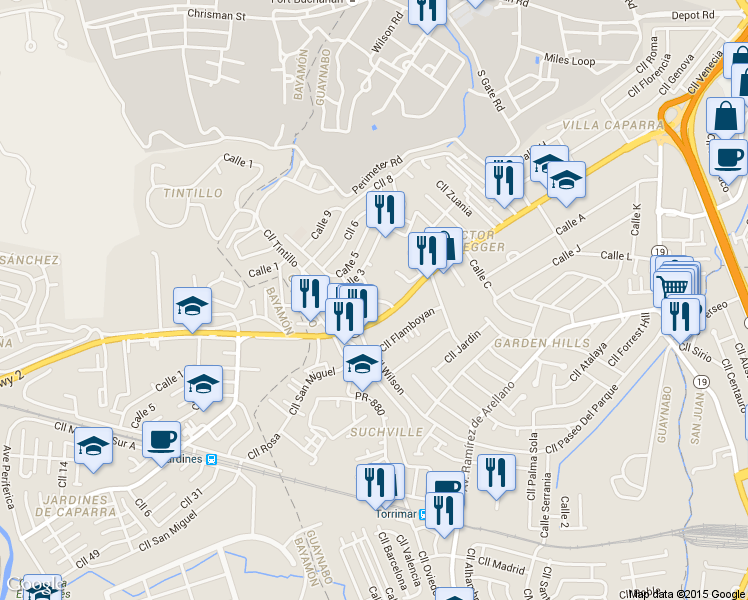 map of restaurants, bars, coffee shops, grocery stores, and more near 13 Calle Los Robles in Guaynabo