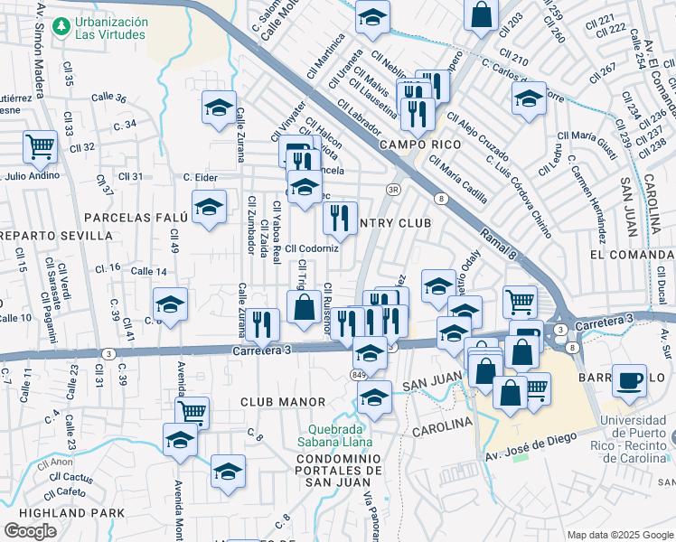map of restaurants, bars, coffee shops, grocery stores, and more near 933-935 Calle Raspinel in San Juan