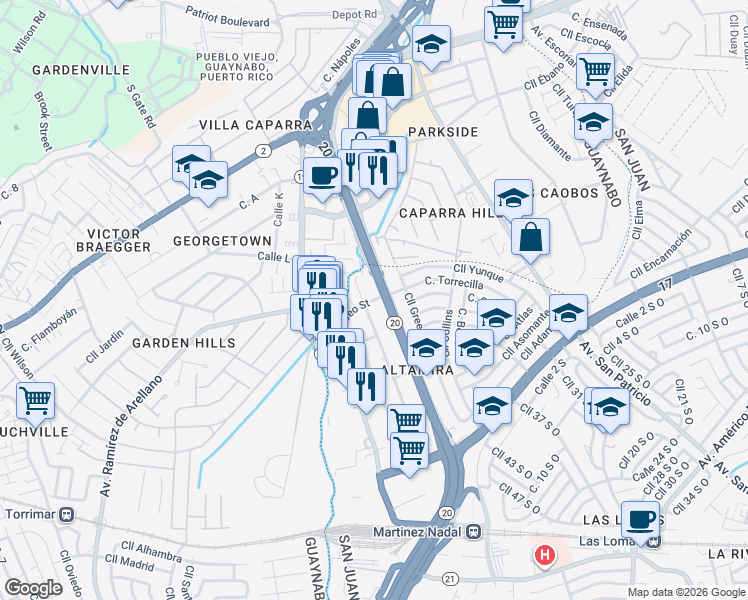map of restaurants, bars, coffee shops, grocery stores, and more near 502-520 Calle Perseo in San Juan