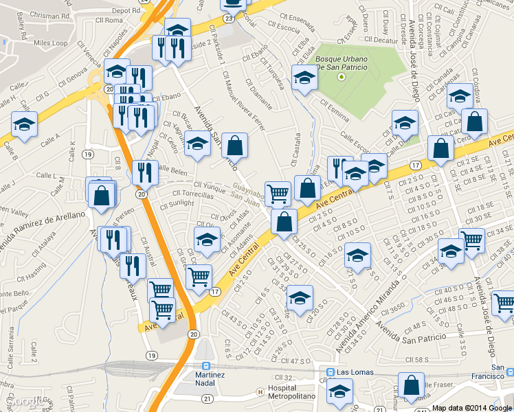 map of restaurants, bars, coffee shops, grocery stores, and more near 1657 Calle Atlas in San Juan