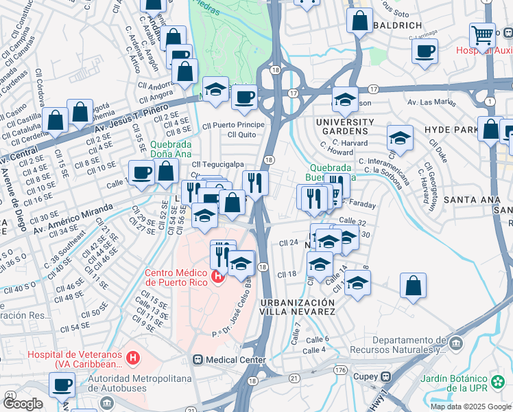 map of restaurants, bars, coffee shops, grocery stores, and more near Puerto Rico 18 in San Juan