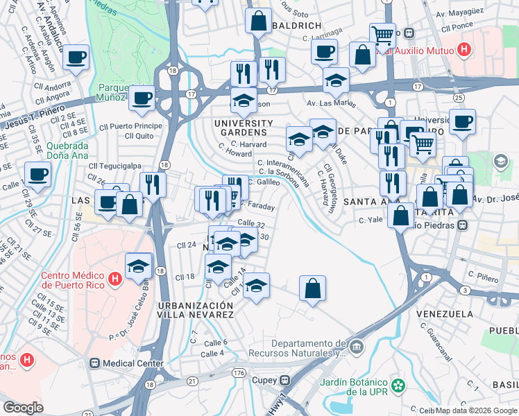 map of restaurants, bars, coffee shops, grocery stores, and more near 316 Calle Faraday in San Juan