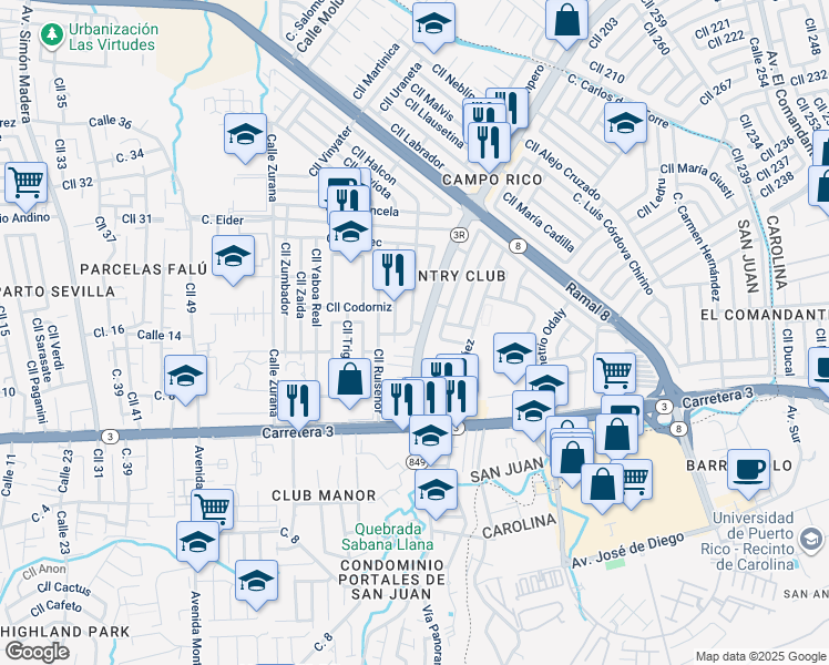 map of restaurants, bars, coffee shops, grocery stores, and more near 933 Calle Raspinel in San Juan