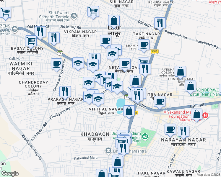 map of restaurants, bars, coffee shops, grocery stores, and more near sai dham Khadgaon Road in Latur