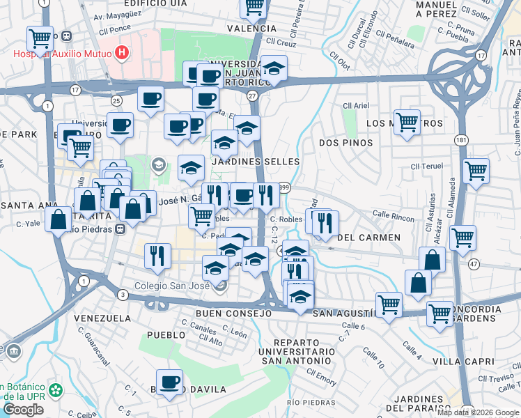 map of restaurants, bars, coffee shops, grocery stores, and more near 606 Avenida Barbosa in San Juan