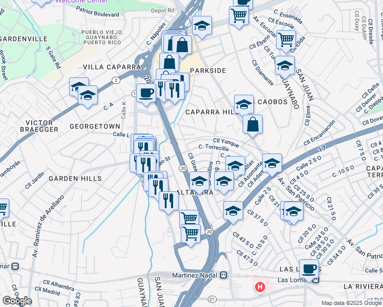 map of restaurants, bars, coffee shops, grocery stores, and more near 565-619 Calle Hillside in San Juan
