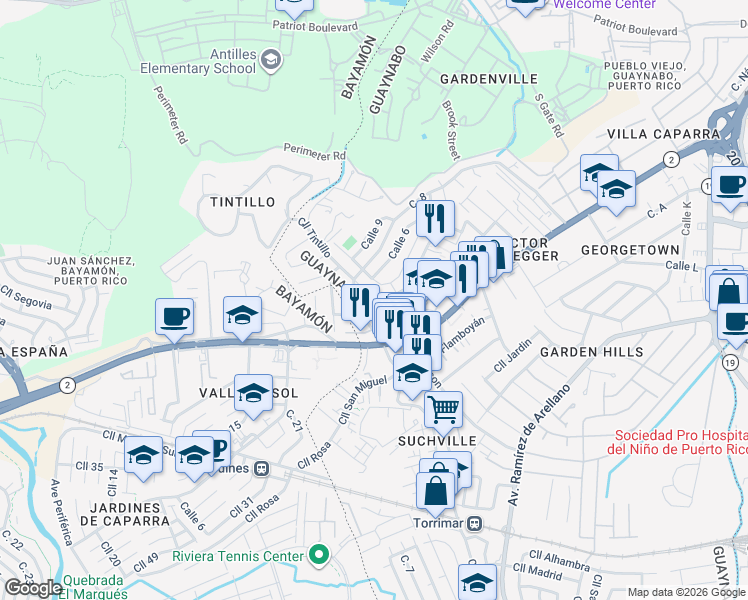map of restaurants, bars, coffee shops, grocery stores, and more near in Guaynabo