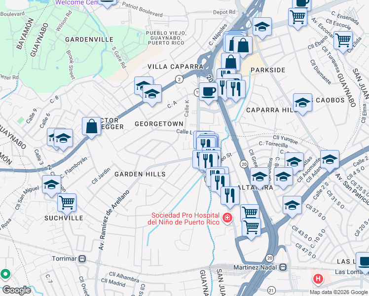 map of restaurants, bars, coffee shops, grocery stores, and more near Avenida Ramírez de Arellano in Guaynabo