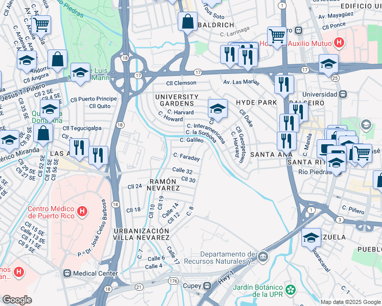 map of restaurants, bars, coffee shops, grocery stores, and more near 308-316 Calle Faraday in San Juan