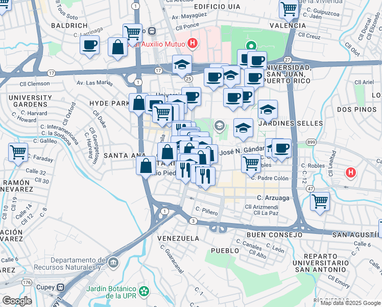 map of restaurants, bars, coffee shops, grocery stores, and more near 1014 Puerto Rico 25 in San Juan