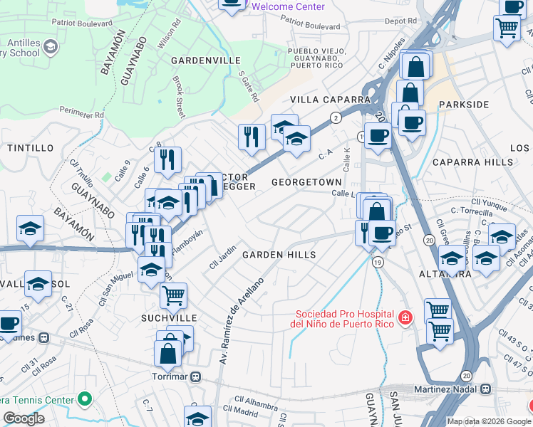 map of restaurants, bars, coffee shops, grocery stores, and more near Cll Green Valley in Guaynabo