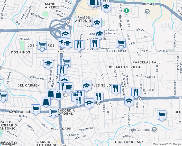 map of restaurants, bars, coffee shops, grocery stores, and more near Calle Las Brisas in San Juan