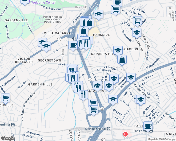 map of restaurants, bars, coffee shops, grocery stores, and more near 619 Calle Hillside in San Juan