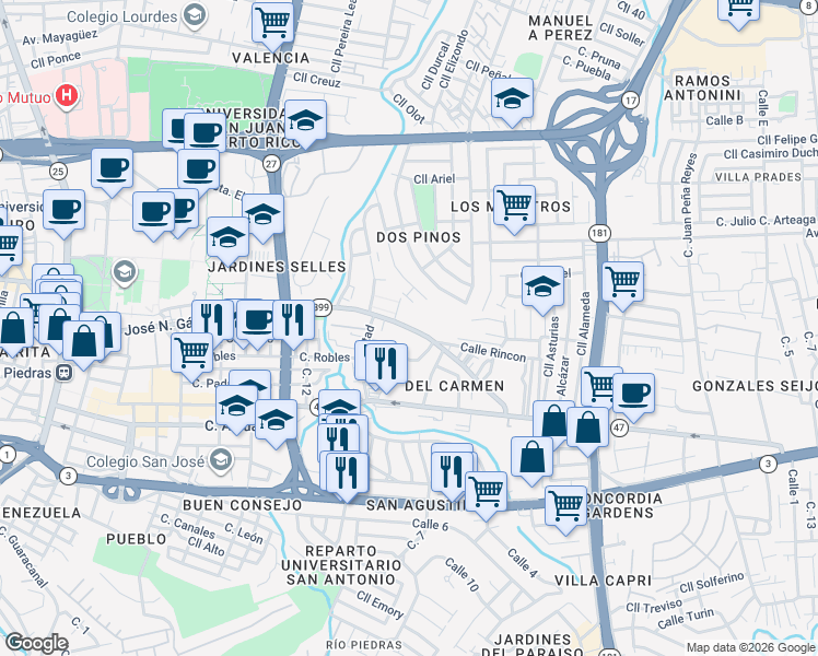 map of restaurants, bars, coffee shops, grocery stores, and more near Puerto Rico 899 in San Juan