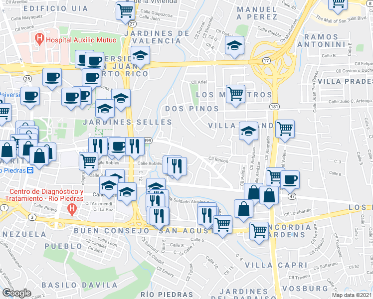 map of restaurants, bars, coffee shops, grocery stores, and more near Puerto Rico 899 in San Juan