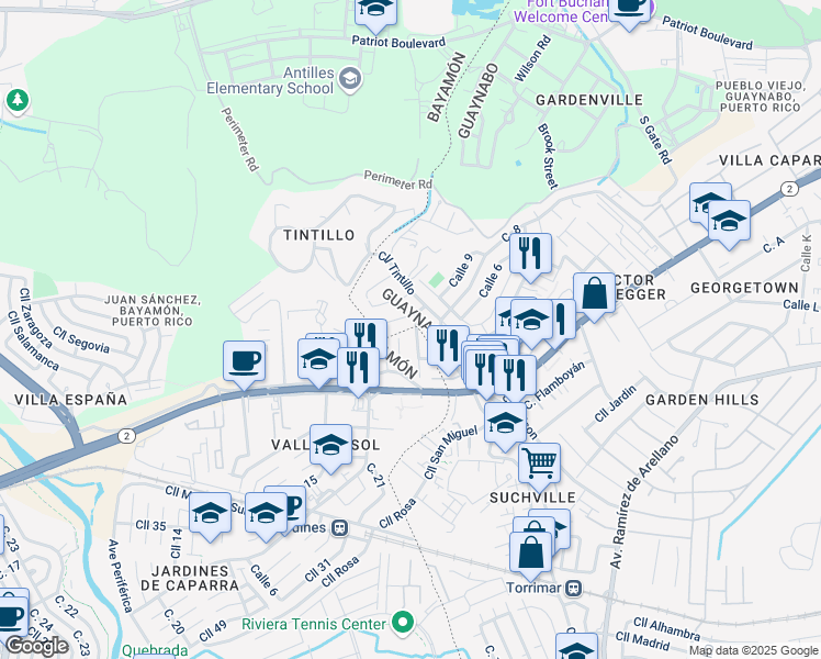 map of restaurants, bars, coffee shops, grocery stores, and more near 1 Calle Patricia in Guaynabo