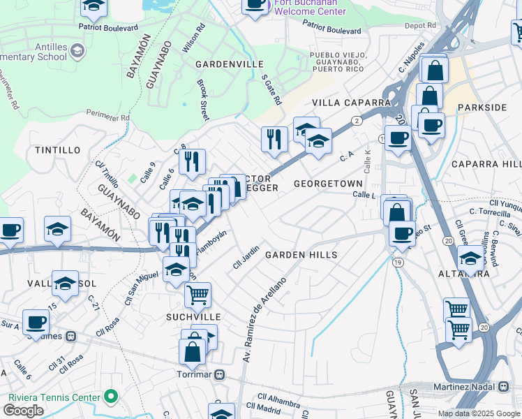 map of restaurants, bars, coffee shops, grocery stores, and more near 1 Calle A in Guaynabo
