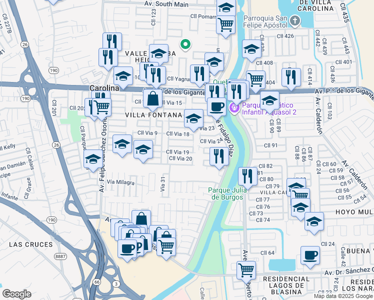 map of restaurants, bars, coffee shops, grocery stores, and more near 1 Calle Via 19 in Carolina
