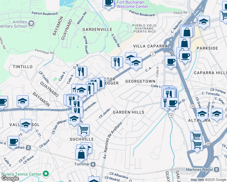 map of restaurants, bars, coffee shops, grocery stores, and more near 1-9 Calle A in Guaynabo