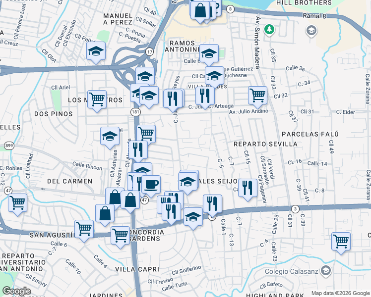 map of restaurants, bars, coffee shops, grocery stores, and more near Calle Las Brisas in San Juan