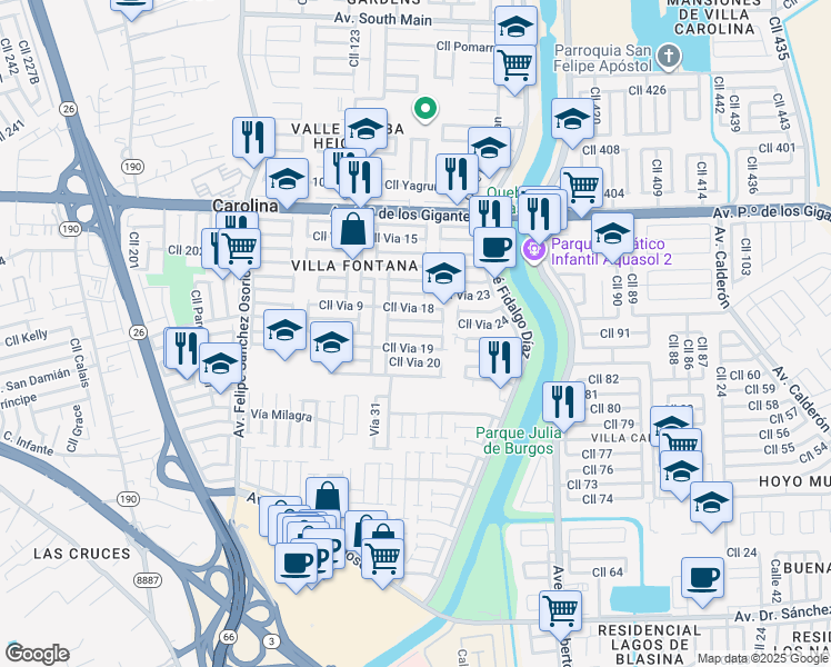 map of restaurants, bars, coffee shops, grocery stores, and more near 1 Calle Via 19 in Carolina