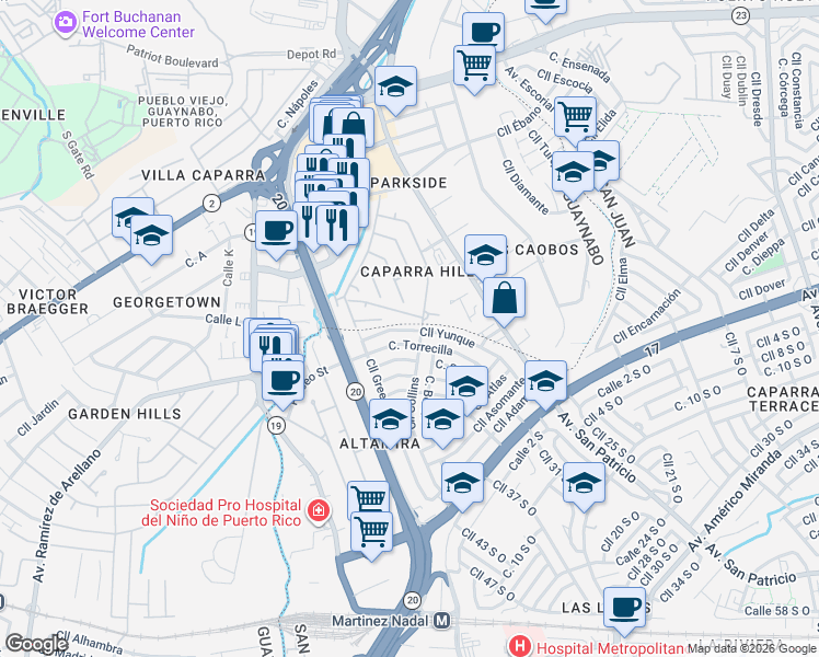 map of restaurants, bars, coffee shops, grocery stores, and more near 567 Calle Yunque in San Juan