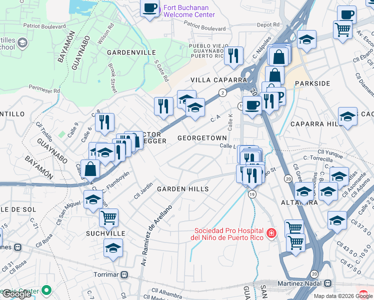 map of restaurants, bars, coffee shops, grocery stores, and more near Calle J in Guaynabo
