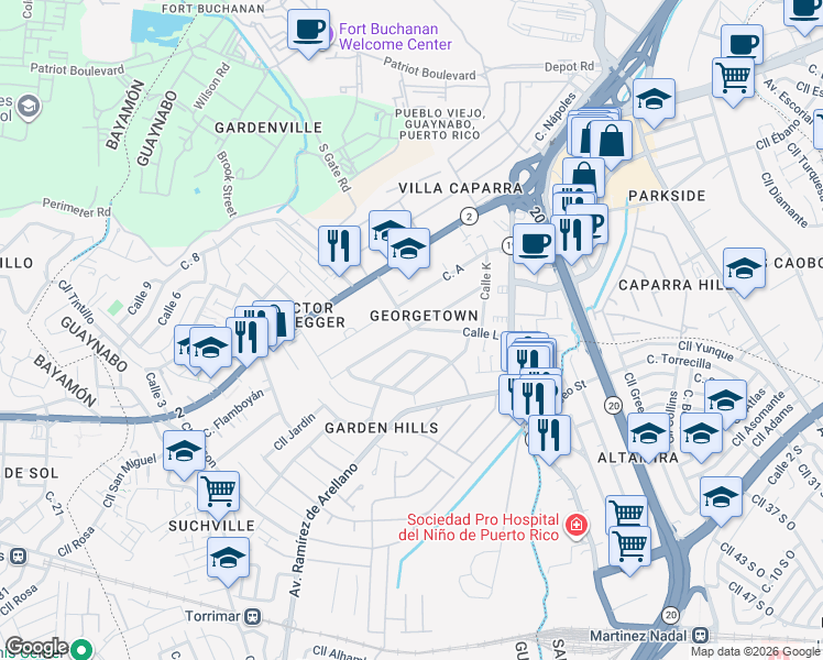 map of restaurants, bars, coffee shops, grocery stores, and more near Calle J in Guaynabo