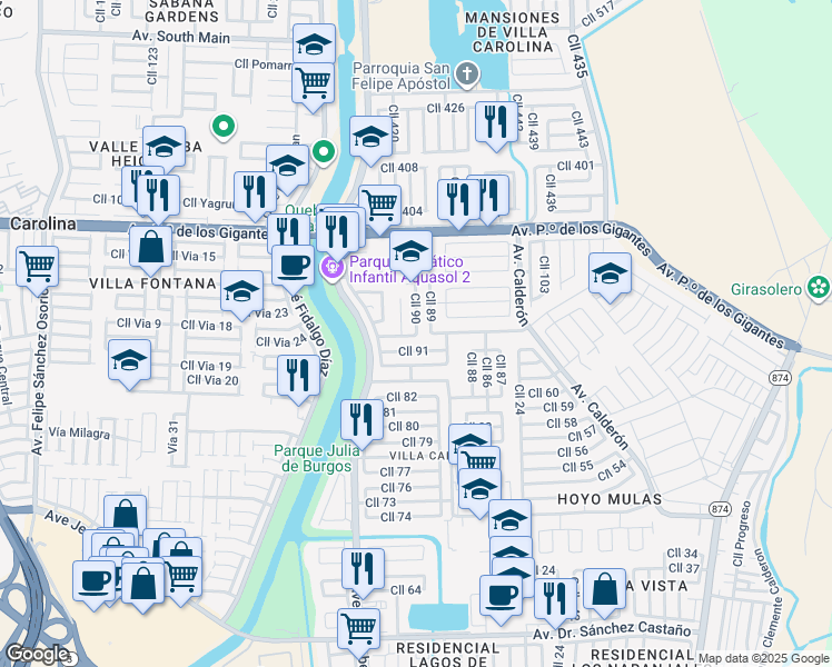 map of restaurants, bars, coffee shops, grocery stores, and more near 92 Calle 90 in Carolina