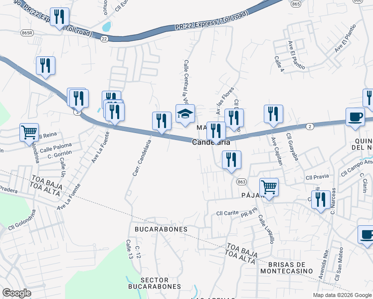 map of restaurants, bars, coffee shops, grocery stores, and more near Calle Guama in Toa Baja
