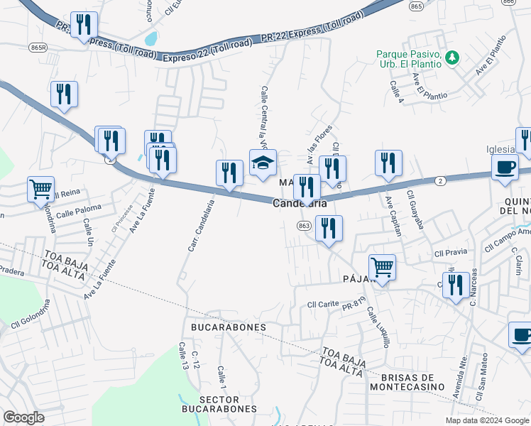 map of restaurants, bars, coffee shops, grocery stores, and more near Calle Guama in Toa Baja