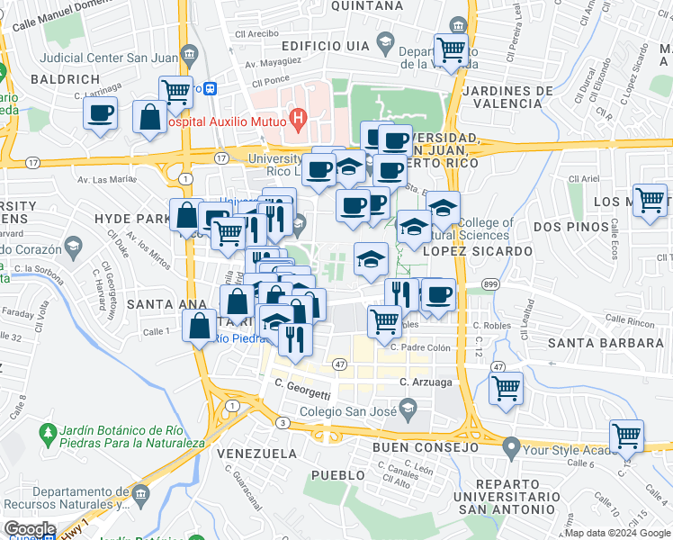 map of restaurants, bars, coffee shops, grocery stores, and more near in San Juan