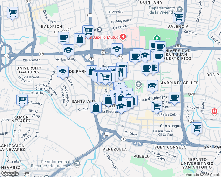 map of restaurants, bars, coffee shops, grocery stores, and more near 983 Calle Madrid in San Juan