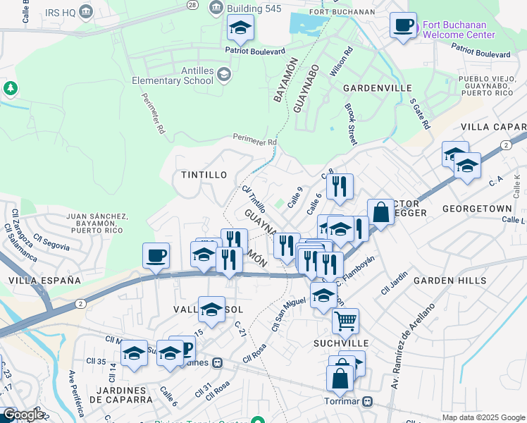 map of restaurants, bars, coffee shops, grocery stores, and more near Calle Tintillo in Guaynabo