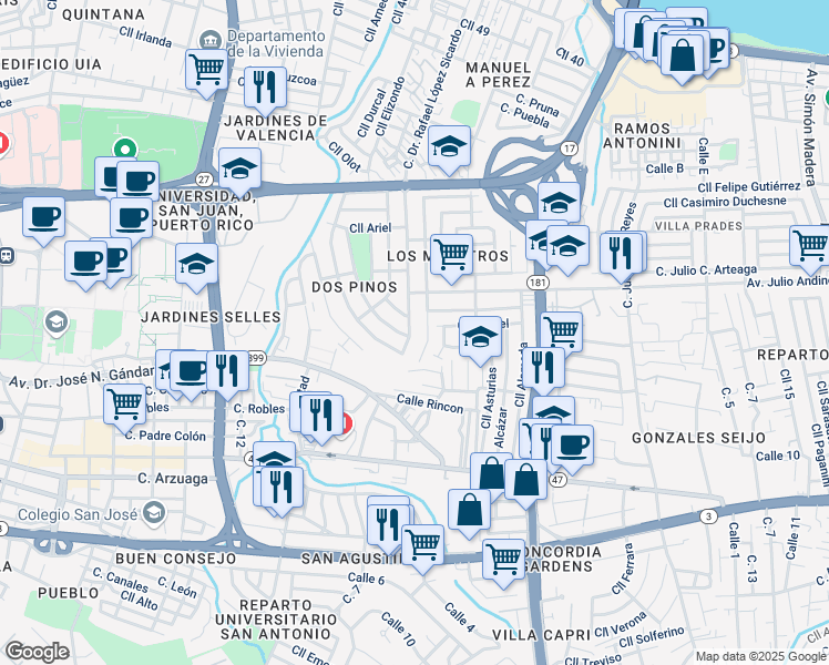 map of restaurants, bars, coffee shops, grocery stores, and more near 827 Calle Dr. Rafael López Sicardo in San Juan