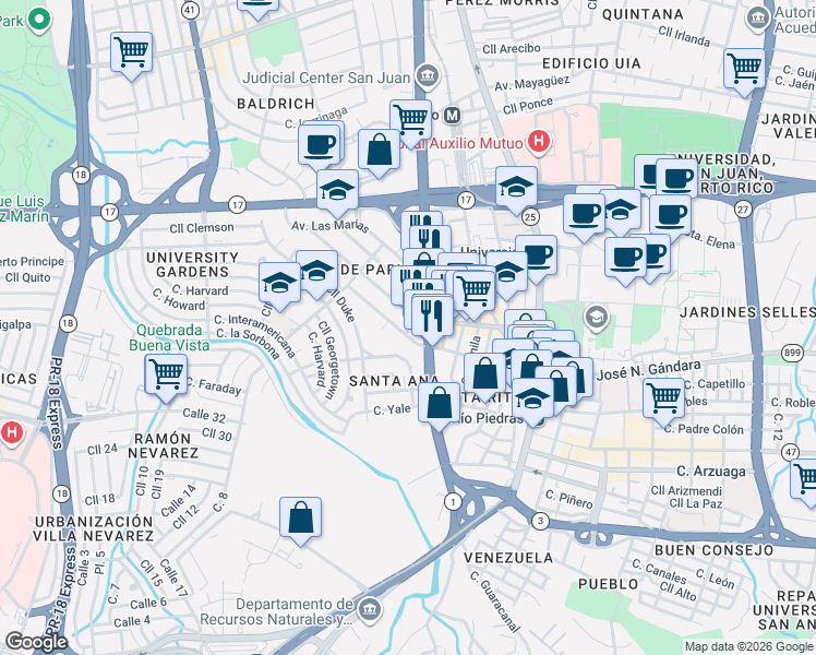 map of restaurants, bars, coffee shops, grocery stores, and more near in San Juan
