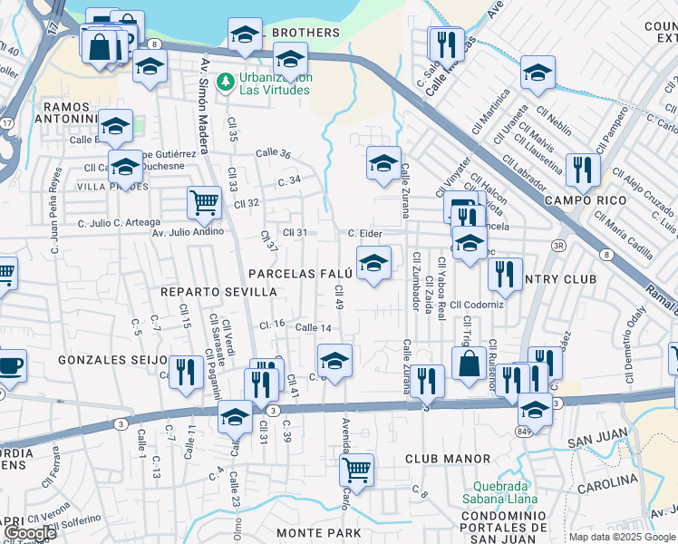 map of restaurants, bars, coffee shops, grocery stores, and more near 226 Calle 49 in San Juan